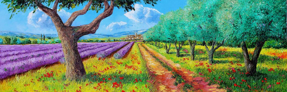 Jean-Marc Janiaczyk. olive trees and lavender painting 30x90 cm