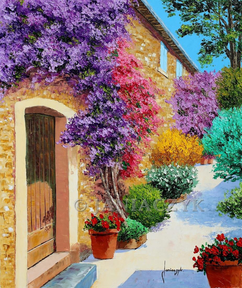 Jean-Marc Janiaczyk. Bougainvillea in Bormes les Mimosas 55x46 cm Provence streetscape painting