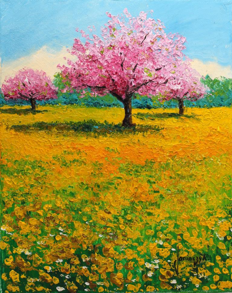 Flowering orchard and dandelions 30x24 cm