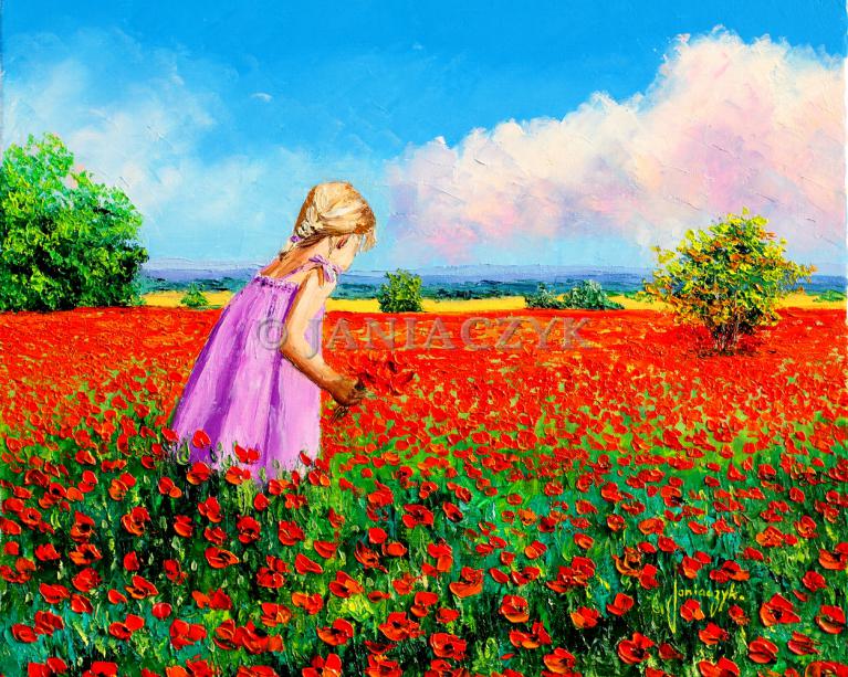 Little girl gathering poppies