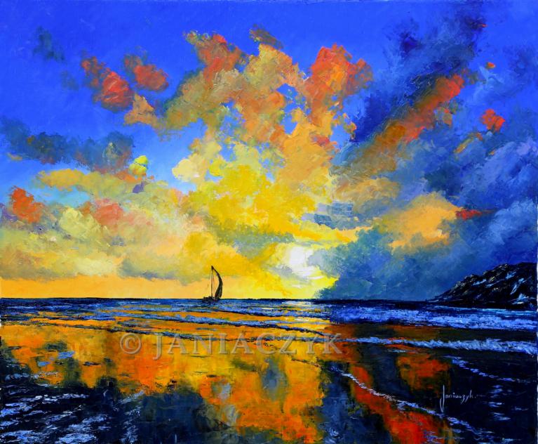 Sail under sunset painting 54x65 cm