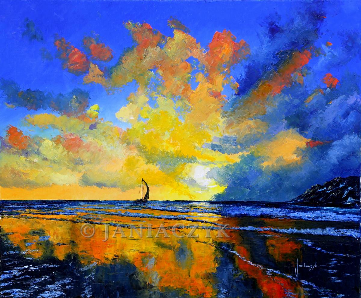 Sail under sunset painting 54x65 cm. Jean-Marc Janiaczyk