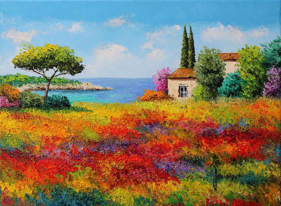 "Wild flowers by seaside" 30x40 cm palette knife painting